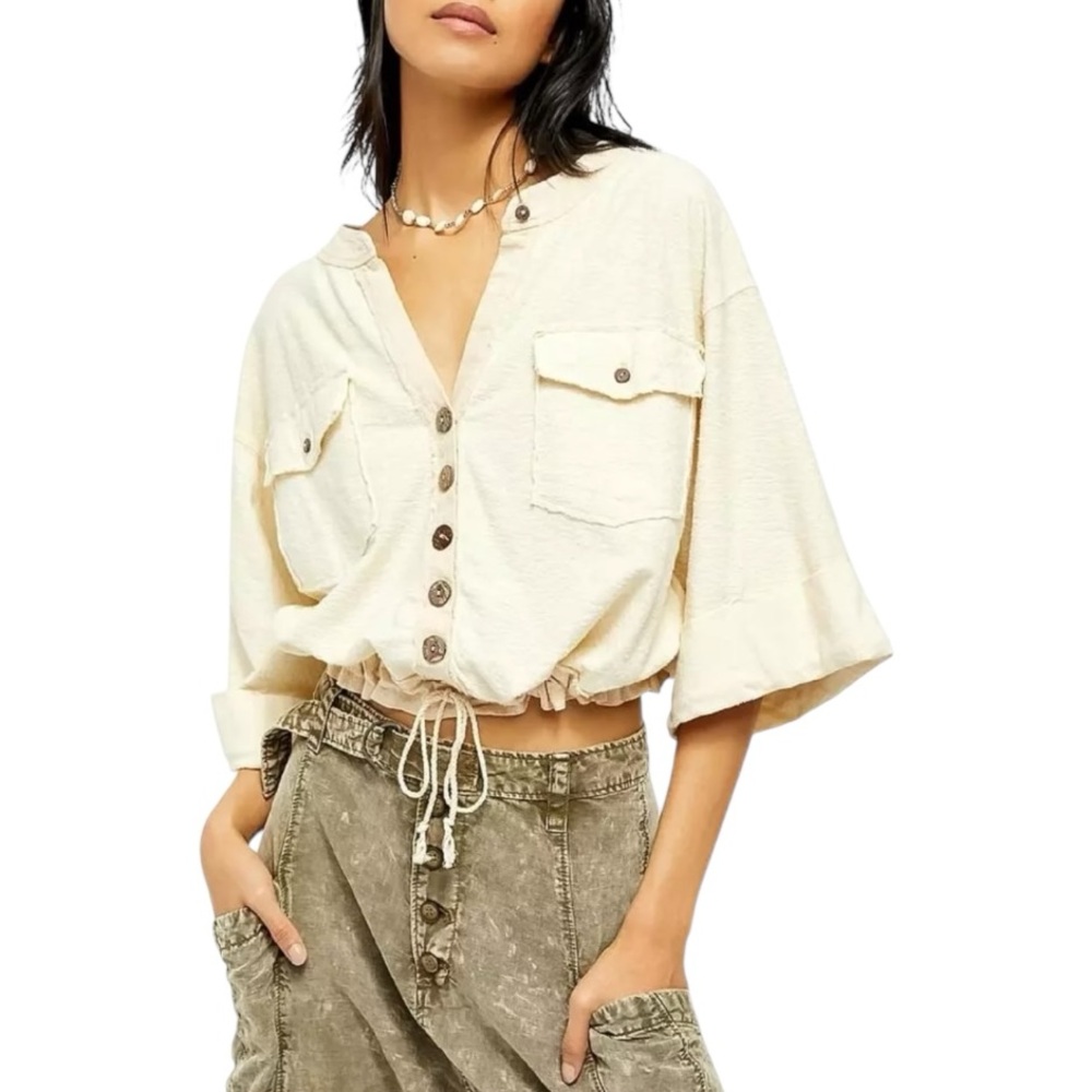 We The Free Linen Button Front 3/4 Sleeve Oversized Blouse Large Ivory - Picture 3 of 8